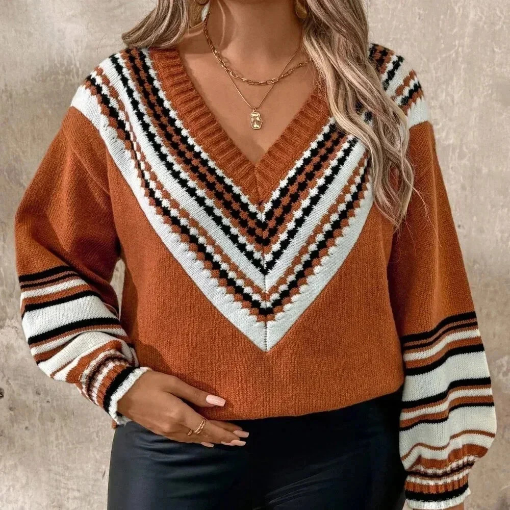 Orange Casual Women's Plus Size Knitted Loose Colorblock V-Neck Pullover Sweater - Picture 5 of 8